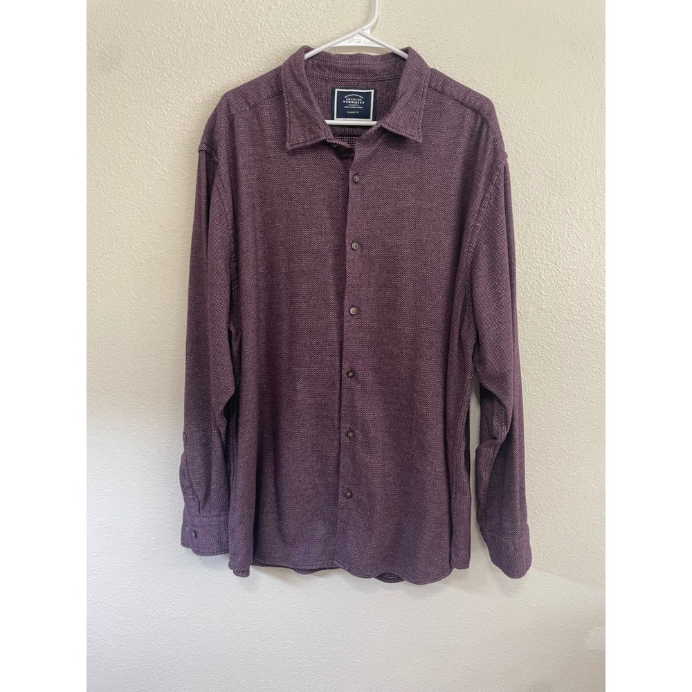Charles Tyrwhitt Button Down Shirt Mens XXL Burgundy Classic Fit Cotton Textured - Picture 2 of 8